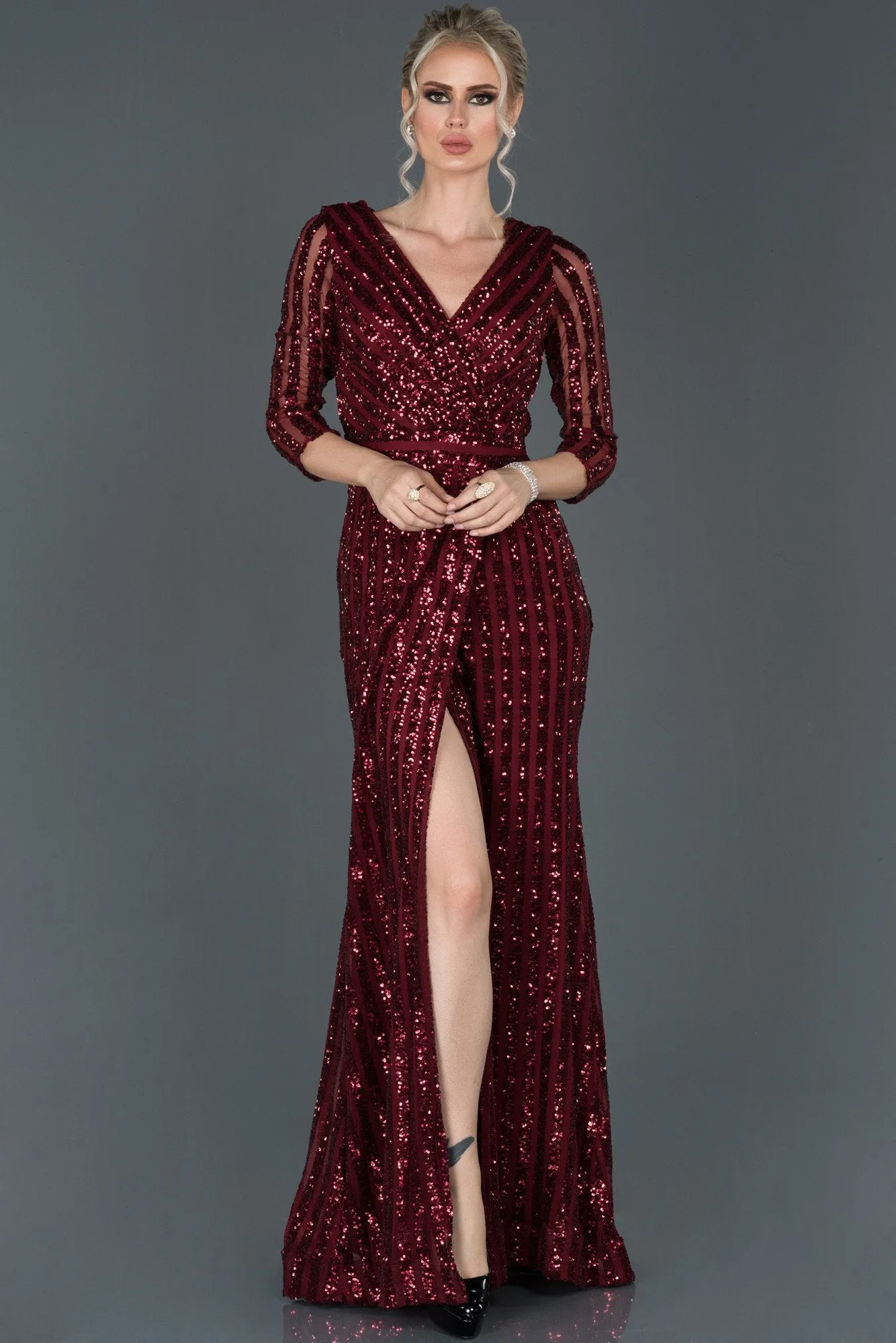 16050 Burgundy Wrap Skirt Sequin Slit Dress