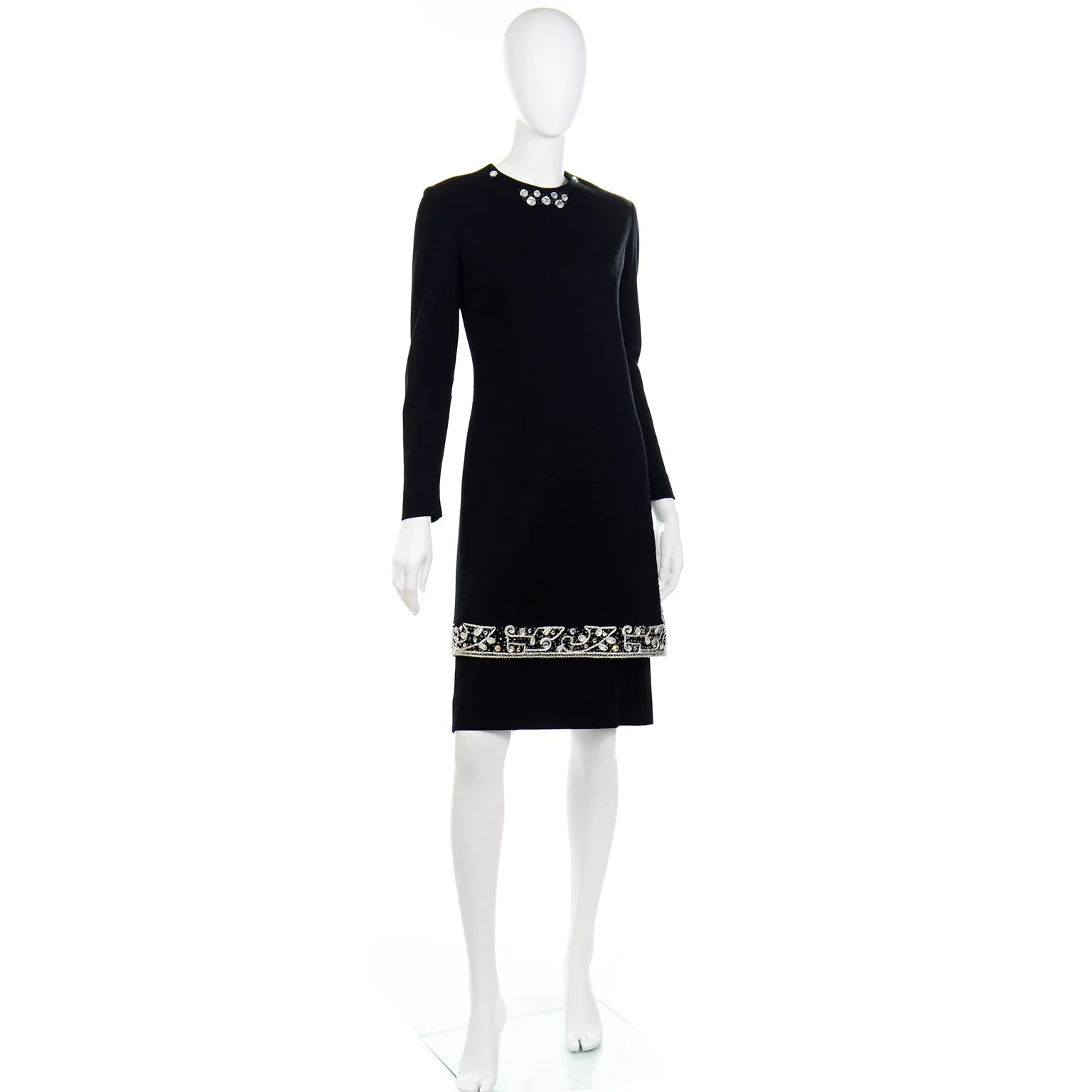 1960s Vintage Marion McCoy Beaded Rhinestone Black Tunic Dress