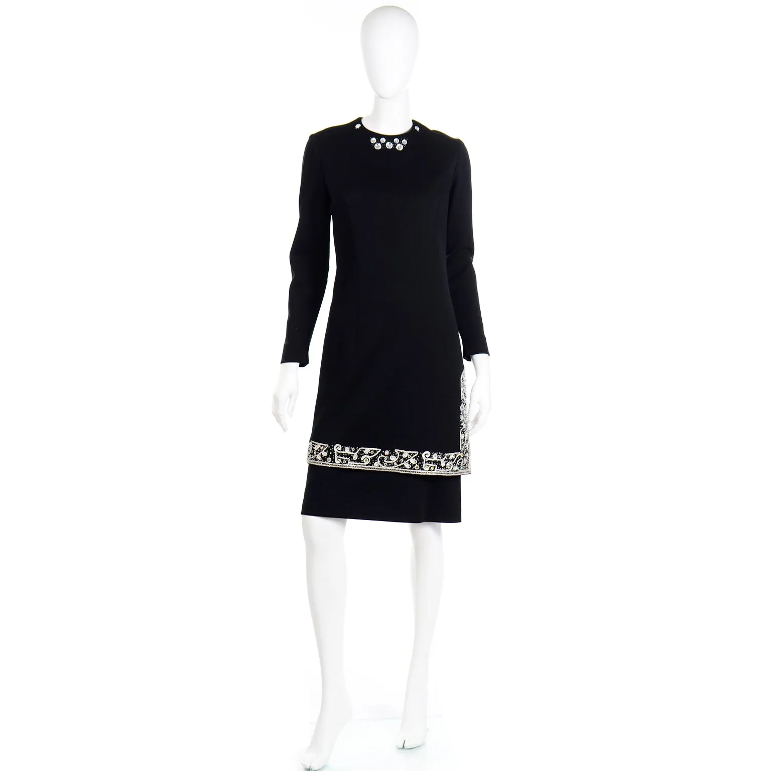 1960s Vintage Marion McCoy Beaded Rhinestone Black Tunic Dress