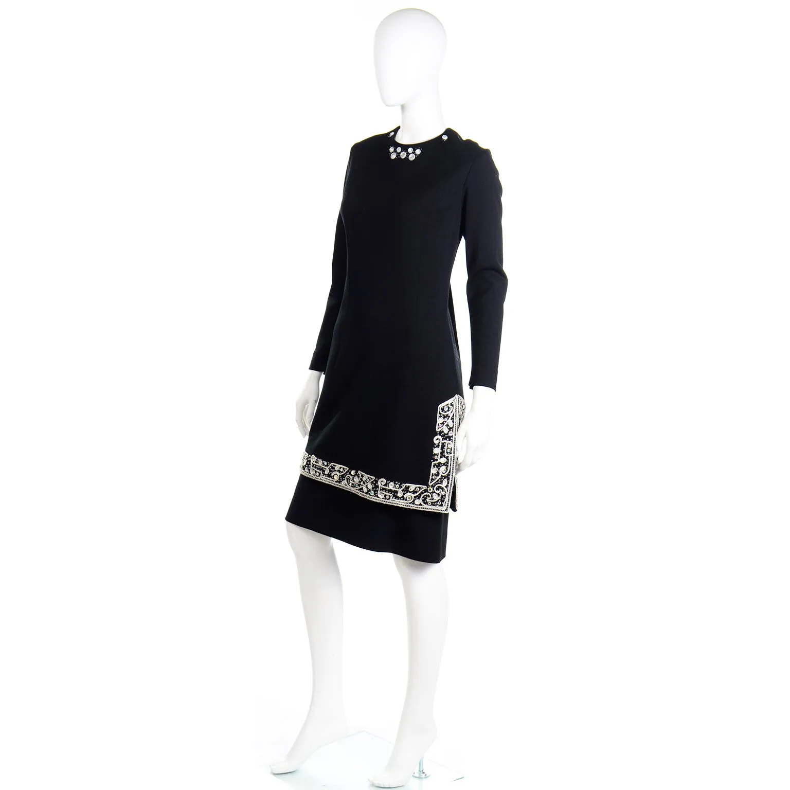 1960s Vintage Marion McCoy Beaded Rhinestone Black Tunic Dress