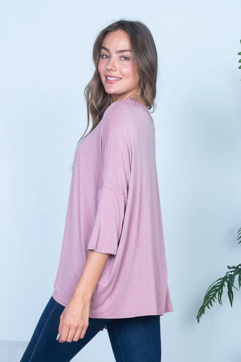 3/4 Sleeve Round Neck Tunic Top in Mauve (HT10597)