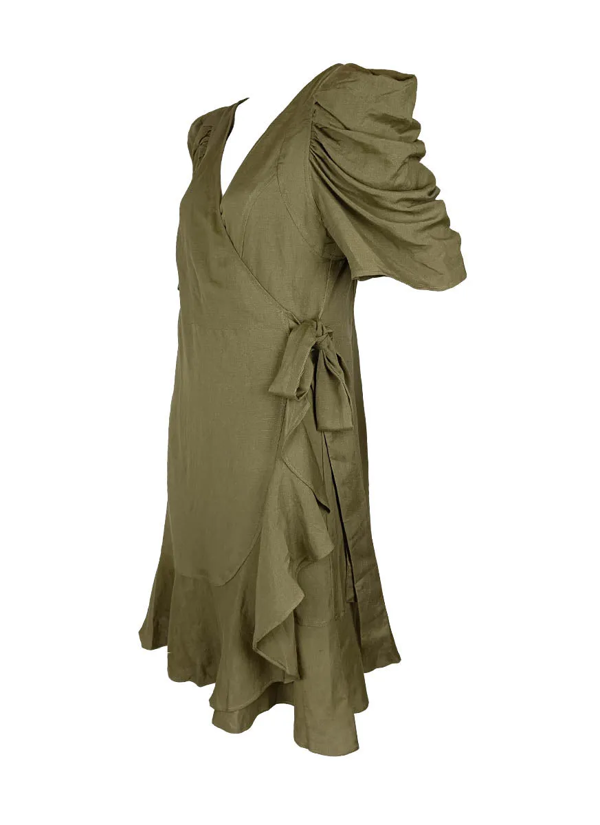 7240006 Ruffles Wrap Linen Dress *Green