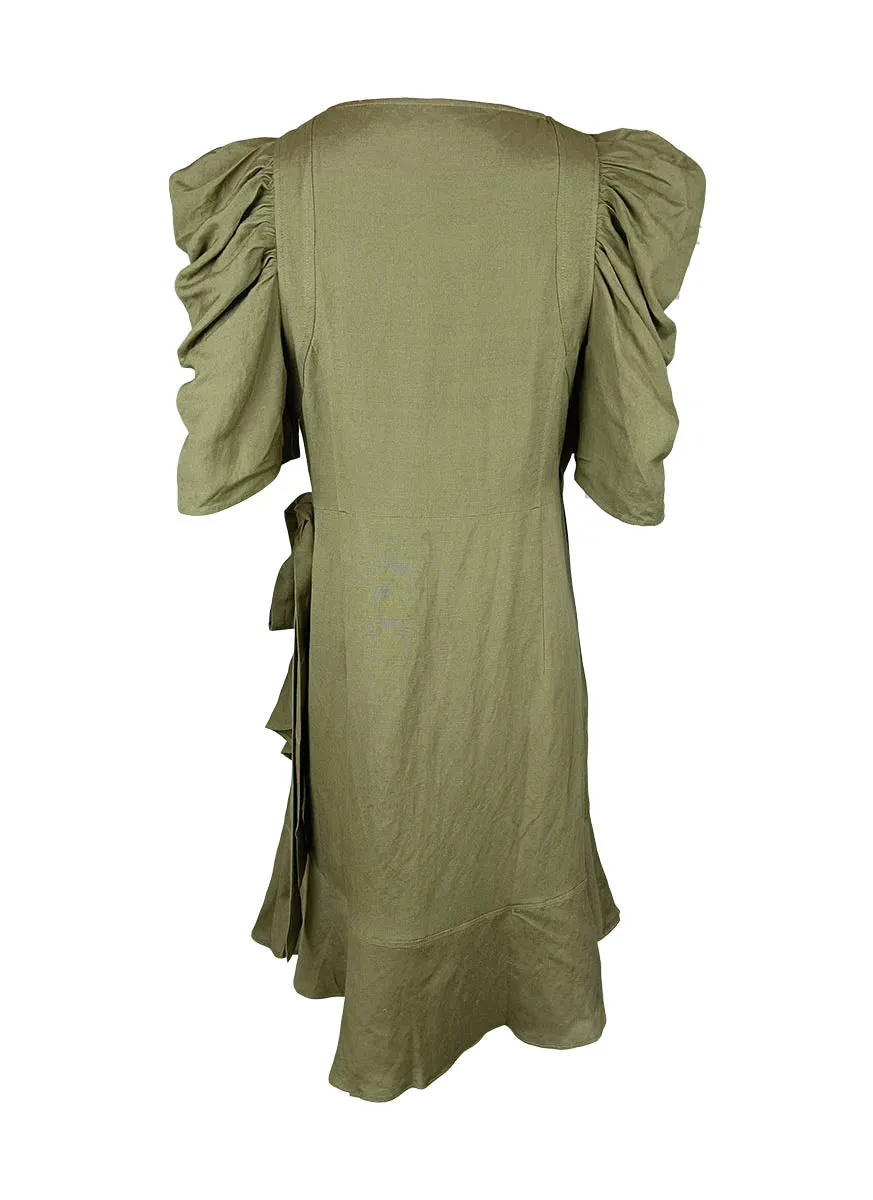 7240006 Ruffles Wrap Linen Dress *Green