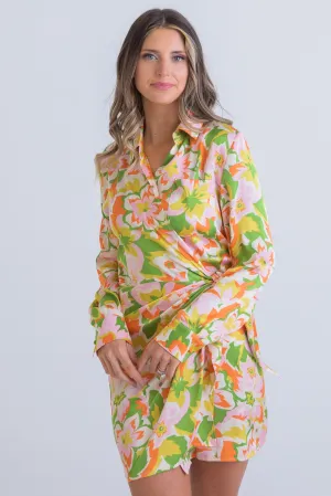 Abstract Satin Wrap Dress