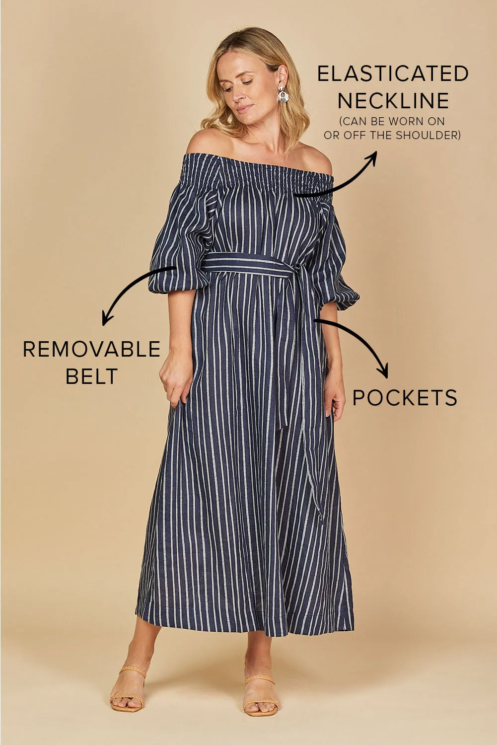 Alisa Off The Shoulder Linen Dress in Boathouse