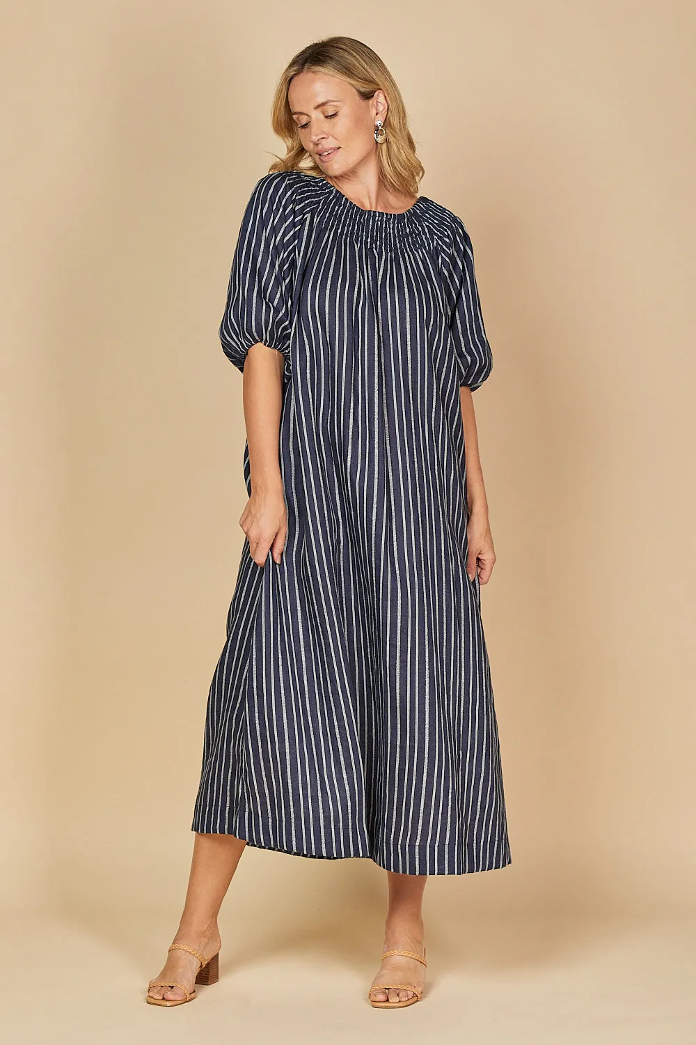 Alisa Off The Shoulder Linen Dress in Boathouse