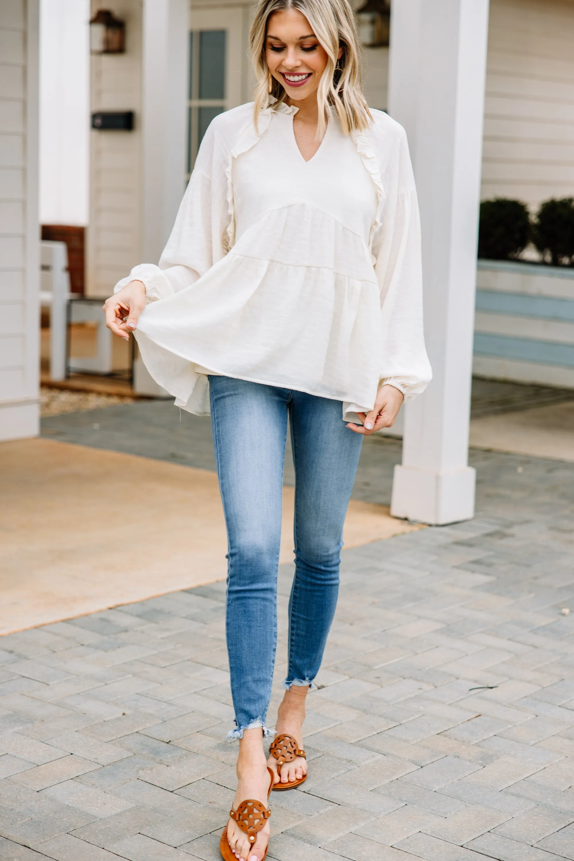 All Caught Up Cream White Ruffled Tunic