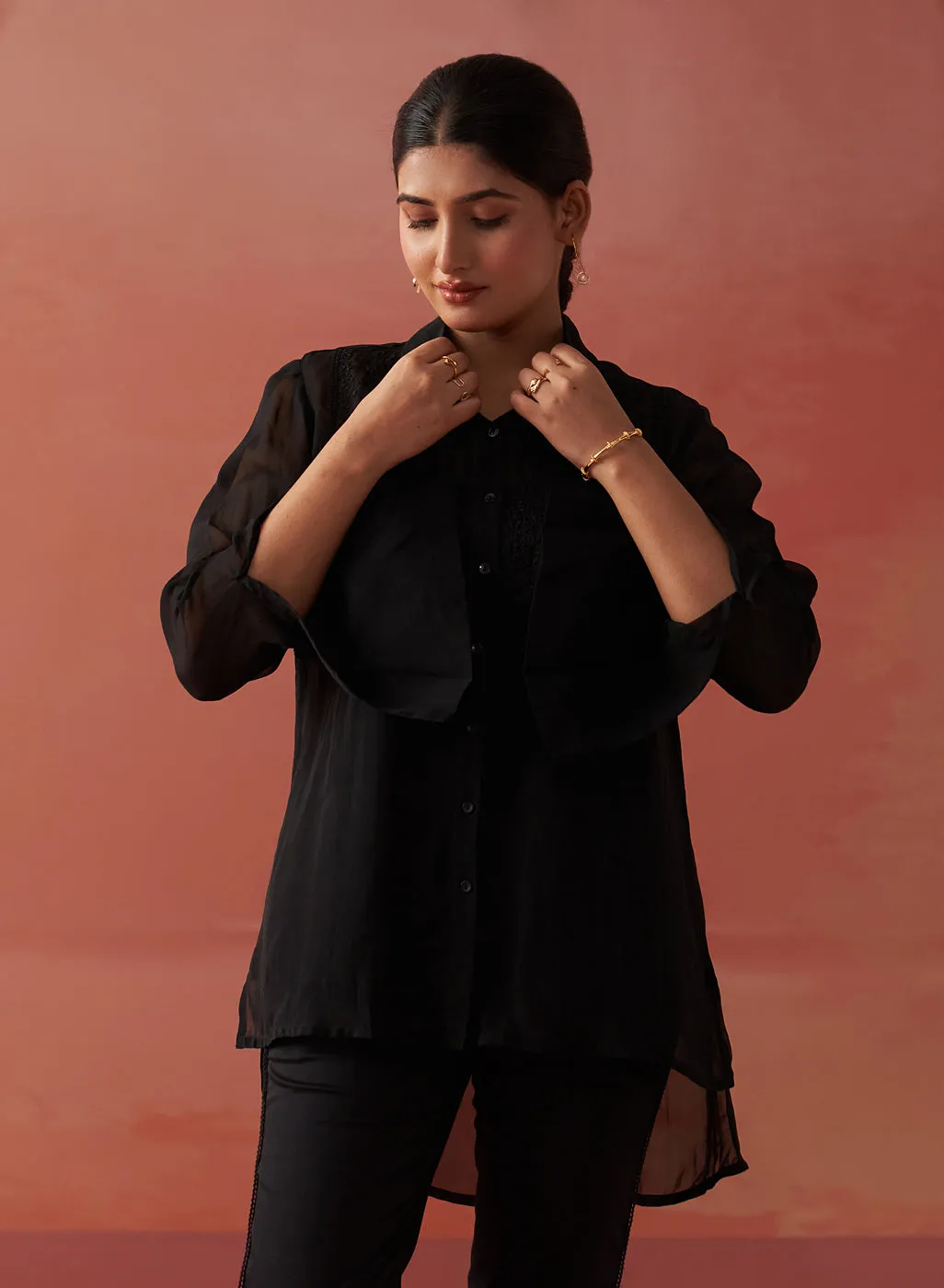 Amina Black Embroidered Organza Shirt for Women