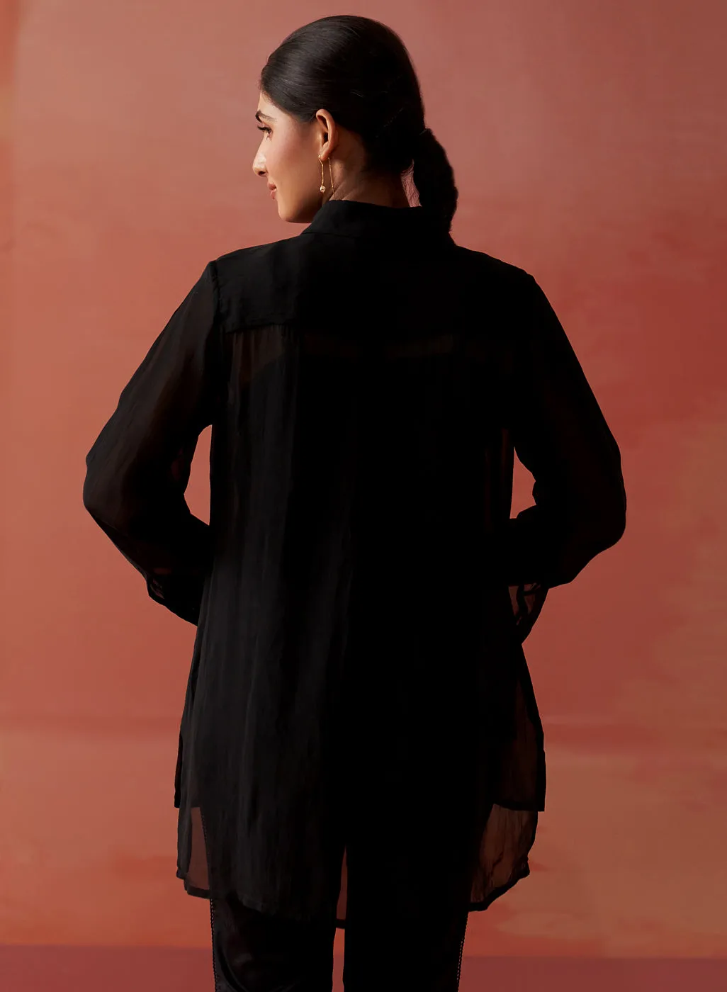 Amina Black Embroidered Organza Shirt for Women