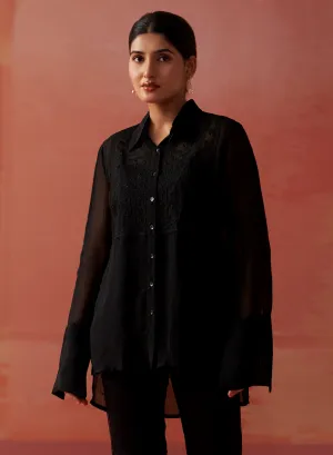 Amina Black Embroidered Organza Shirt for Women