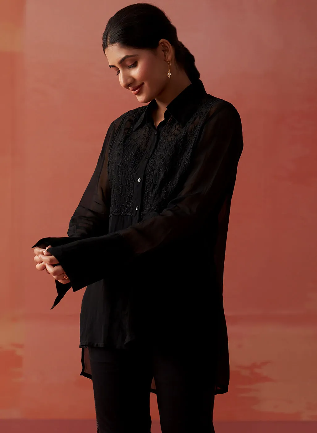 Amina Black Embroidered Organza Shirt for Women