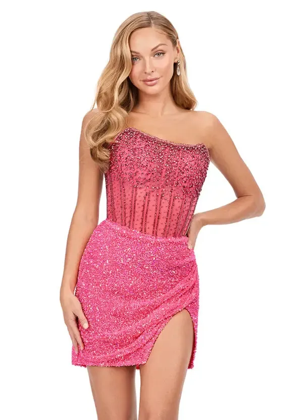 Ashley Lauren 4564 Size 16 Nude Cocktail Dress Short Sheer Beaded Maxi Slit Formal Corset Homecoming