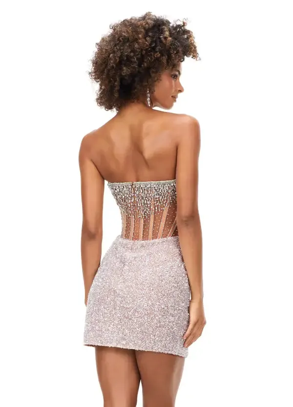 Ashley Lauren 4564 Size 16 Nude Cocktail Dress Short Sheer Beaded Maxi Slit Formal Corset Homecoming