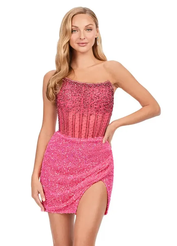 Ashley Lauren 4564 Size 16 Nude Cocktail Dress Short Sheer Beaded Maxi Slit Formal Corset Homecoming