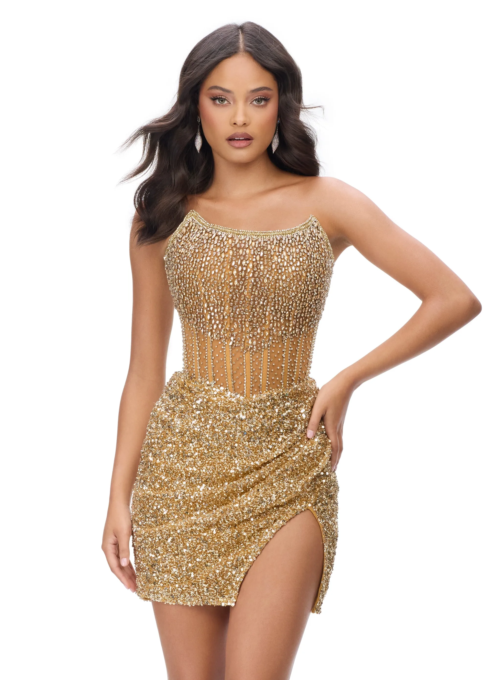 Ashley Lauren 4564 Size 16 Nude Cocktail Dress Short Sheer Beaded Maxi Slit Formal Corset Homecoming