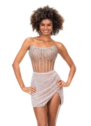 Ashley Lauren 4564 Size 16 Nude Cocktail Dress Short Sheer Beaded Maxi Slit Formal Corset Homecoming