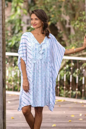 Azure Helix Helix Motif Rayon Short-Sleeve Tunic-Style Dress from Bali