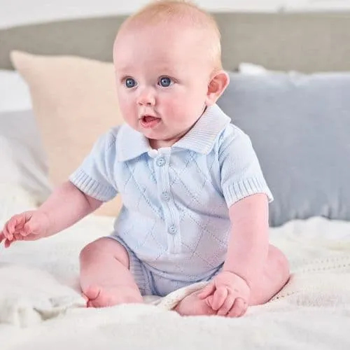 Baby Boy Diamond Knitted Romper - Blue