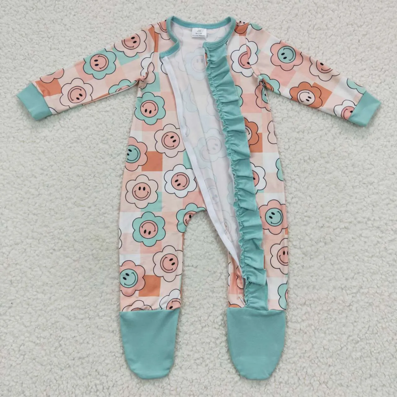 baby cartoon floral smile face blue zipper ruffle lace onesie LR0405