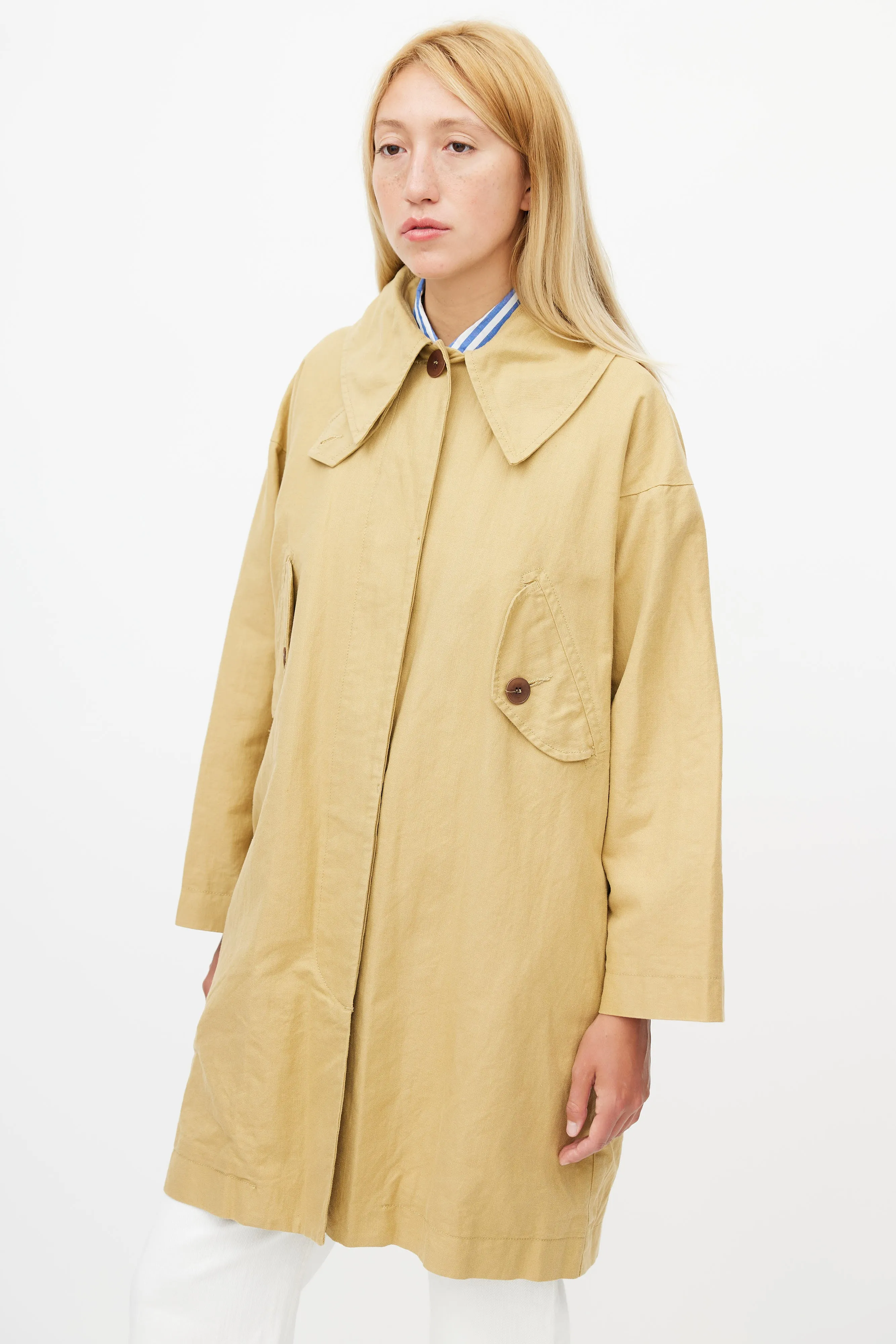 Beige Hooded Linen Trench Coat