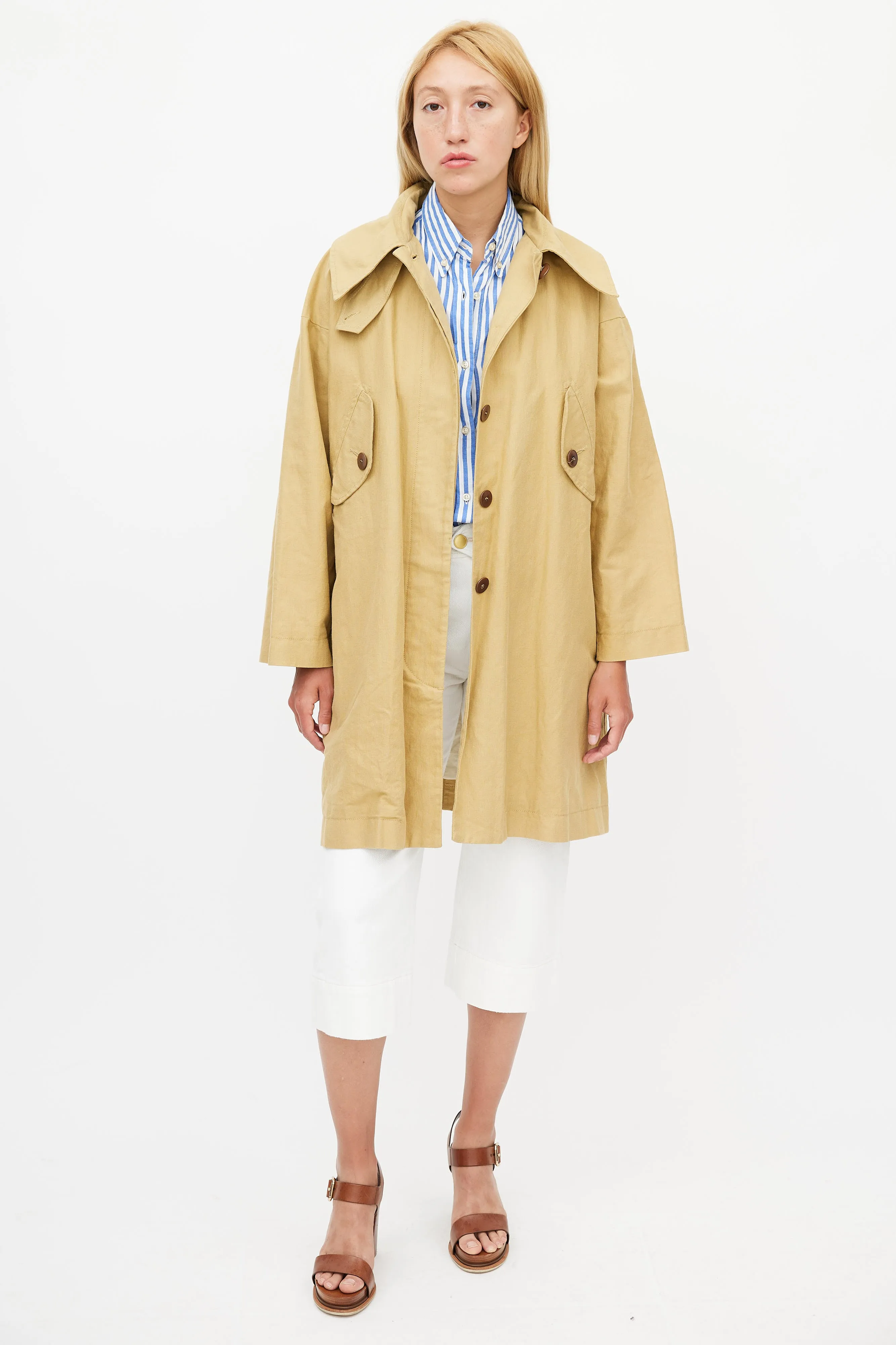 Beige Hooded Linen Trench Coat