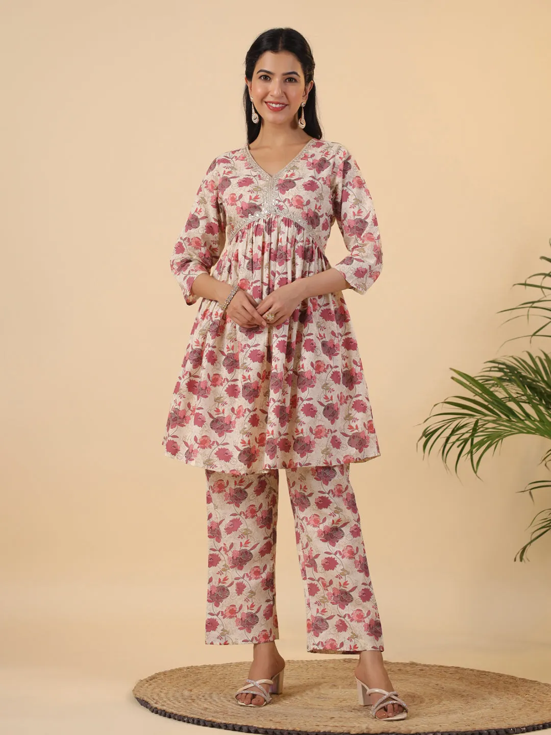 Beige Pure Cotton Floral Printed Co-Ord Set