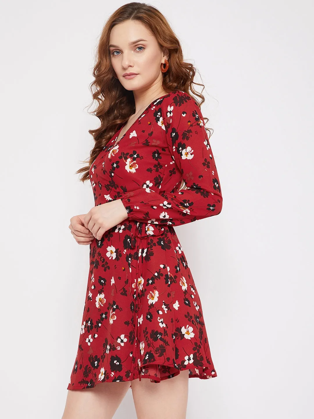 Berrylush Women Red & Black Floral Printed V-Neck Fit & Flare Wrap Mini Dress