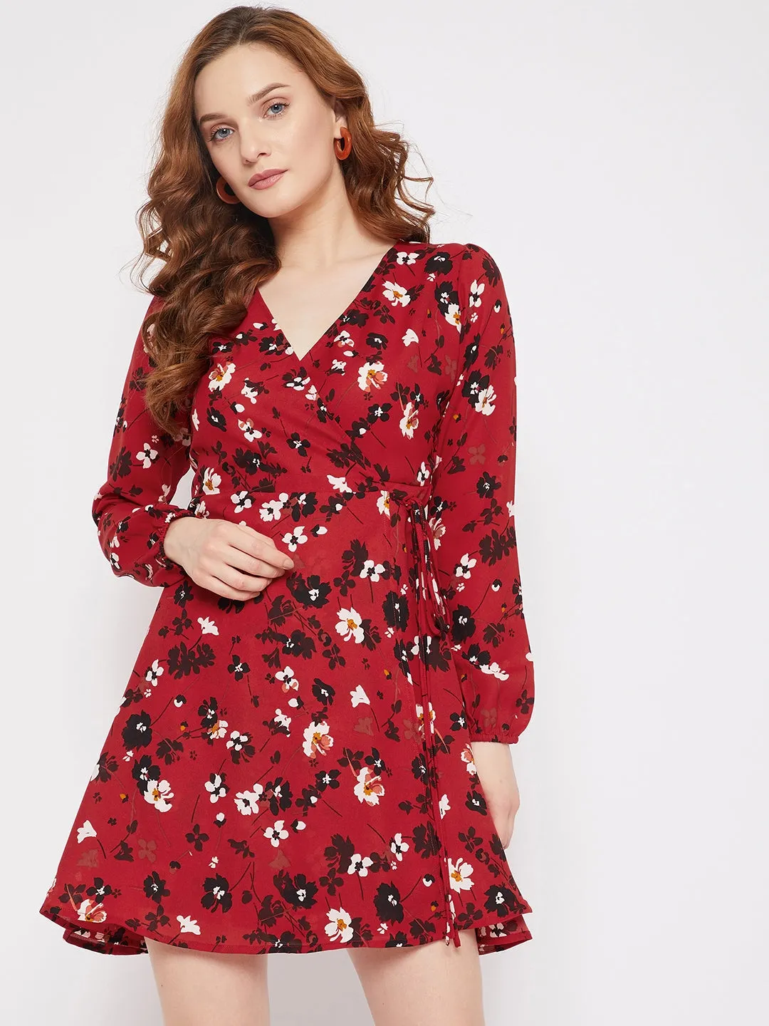 Berrylush Women Red & Black Floral Printed V-Neck Fit & Flare Wrap Mini Dress