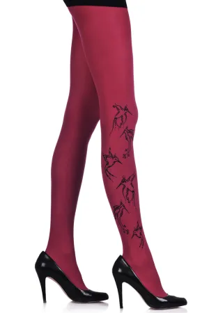 BIRD Wine Red Printed Tights