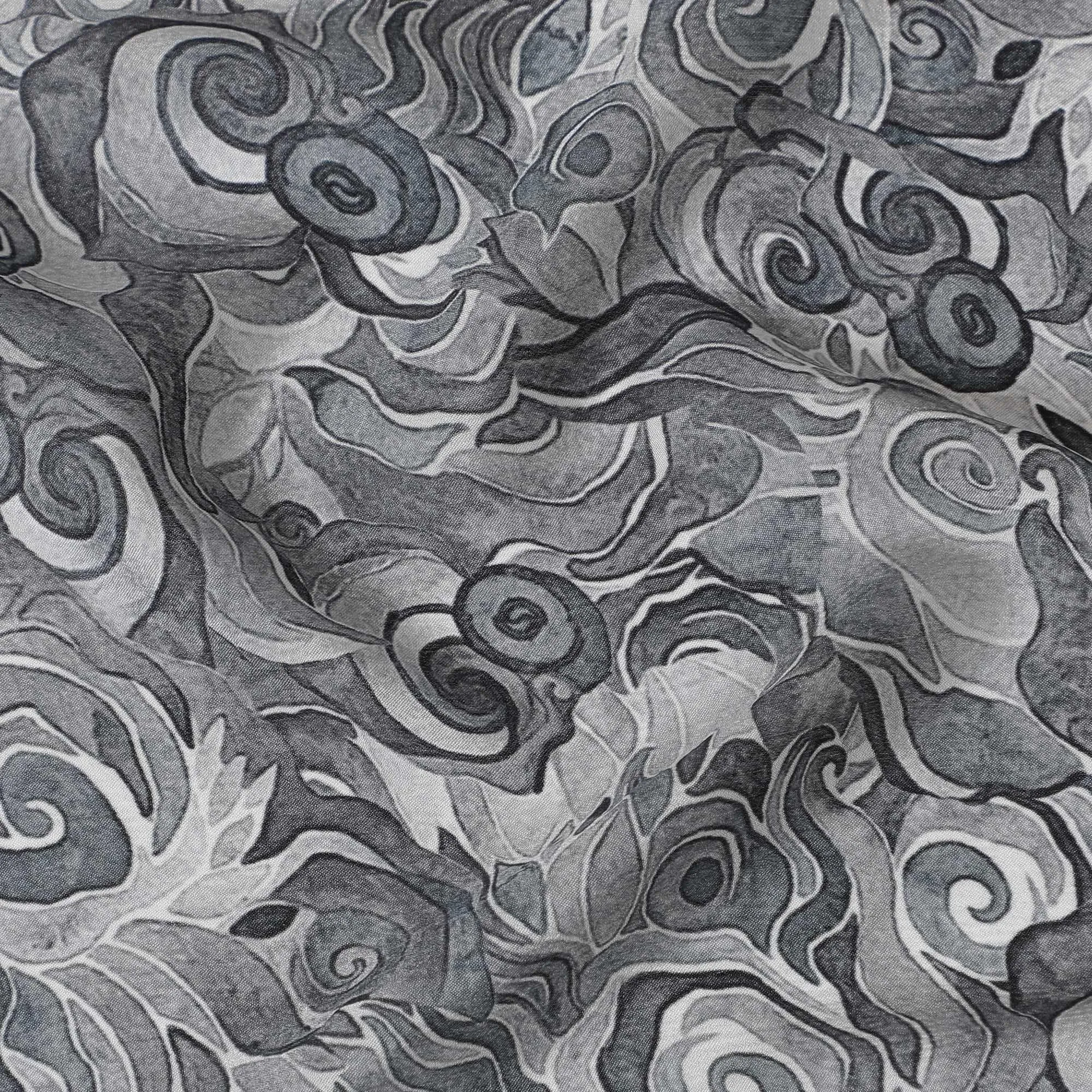 Black and grey viscose crepe fabric with multicolor print in abstract design-D15697