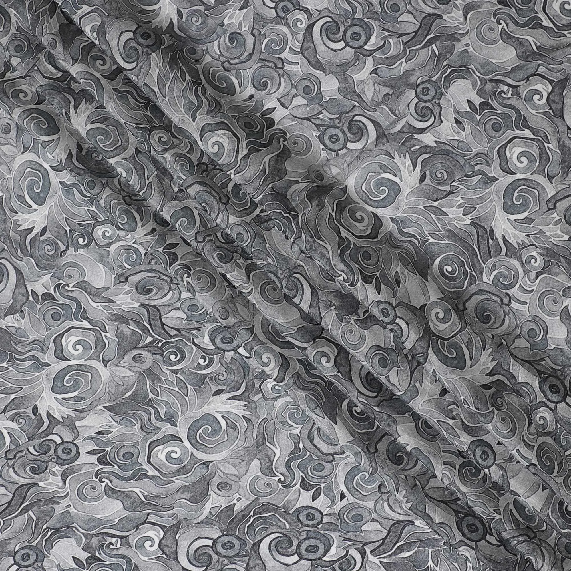 Black and grey viscose crepe fabric with multicolor print in abstract design-D15697