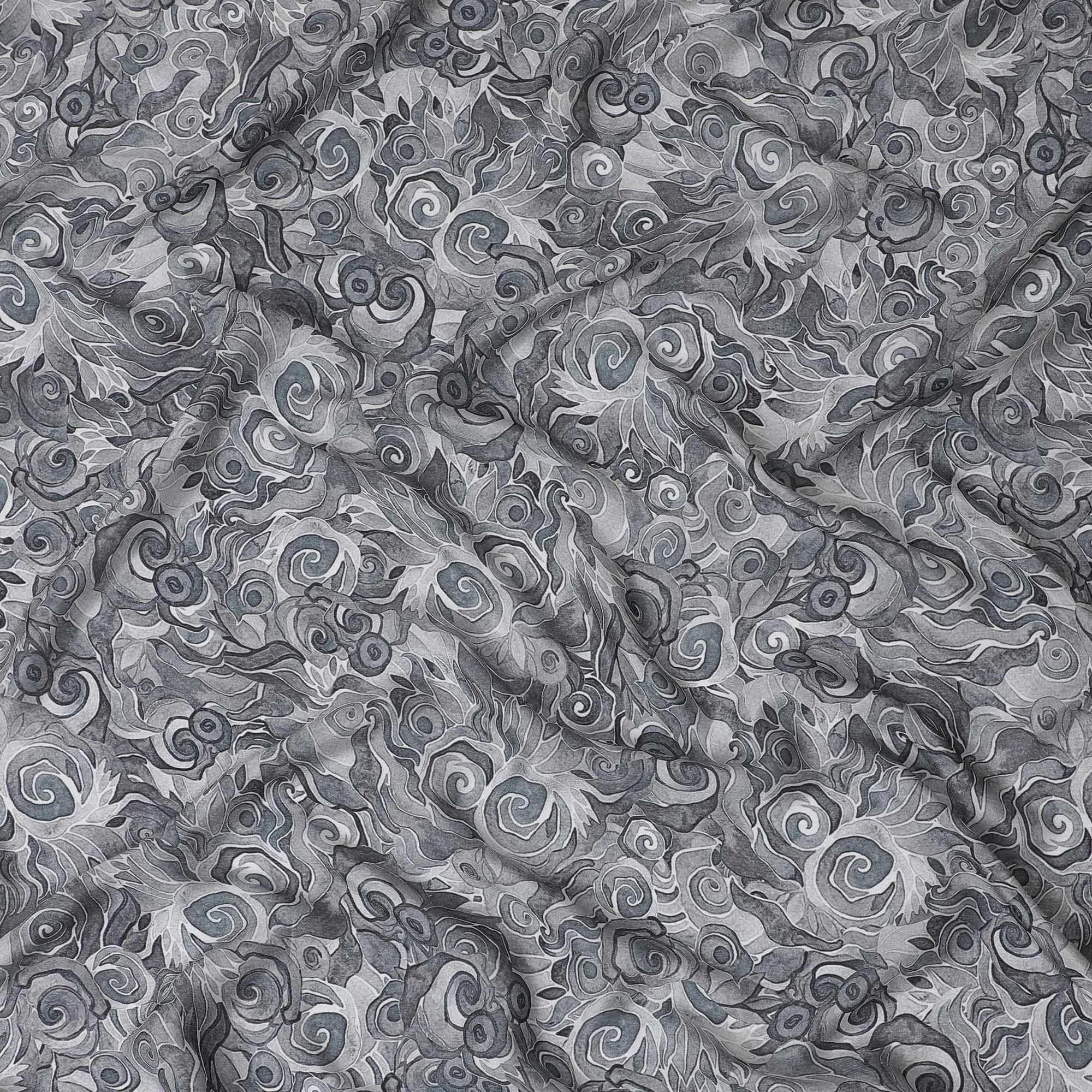 Black and grey viscose crepe fabric with multicolor print in abstract design-D15697