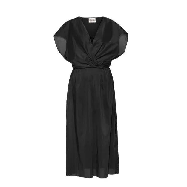 Black Cotton Faux Wrap Day Dress