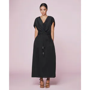 Black Cotton Faux Wrap Day Dress