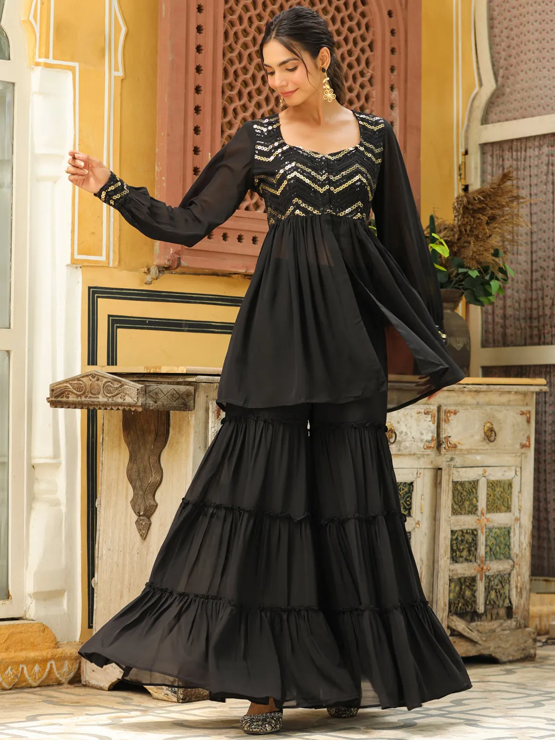 Black Georgette Sequined Front Slit Peplum Sharara Set