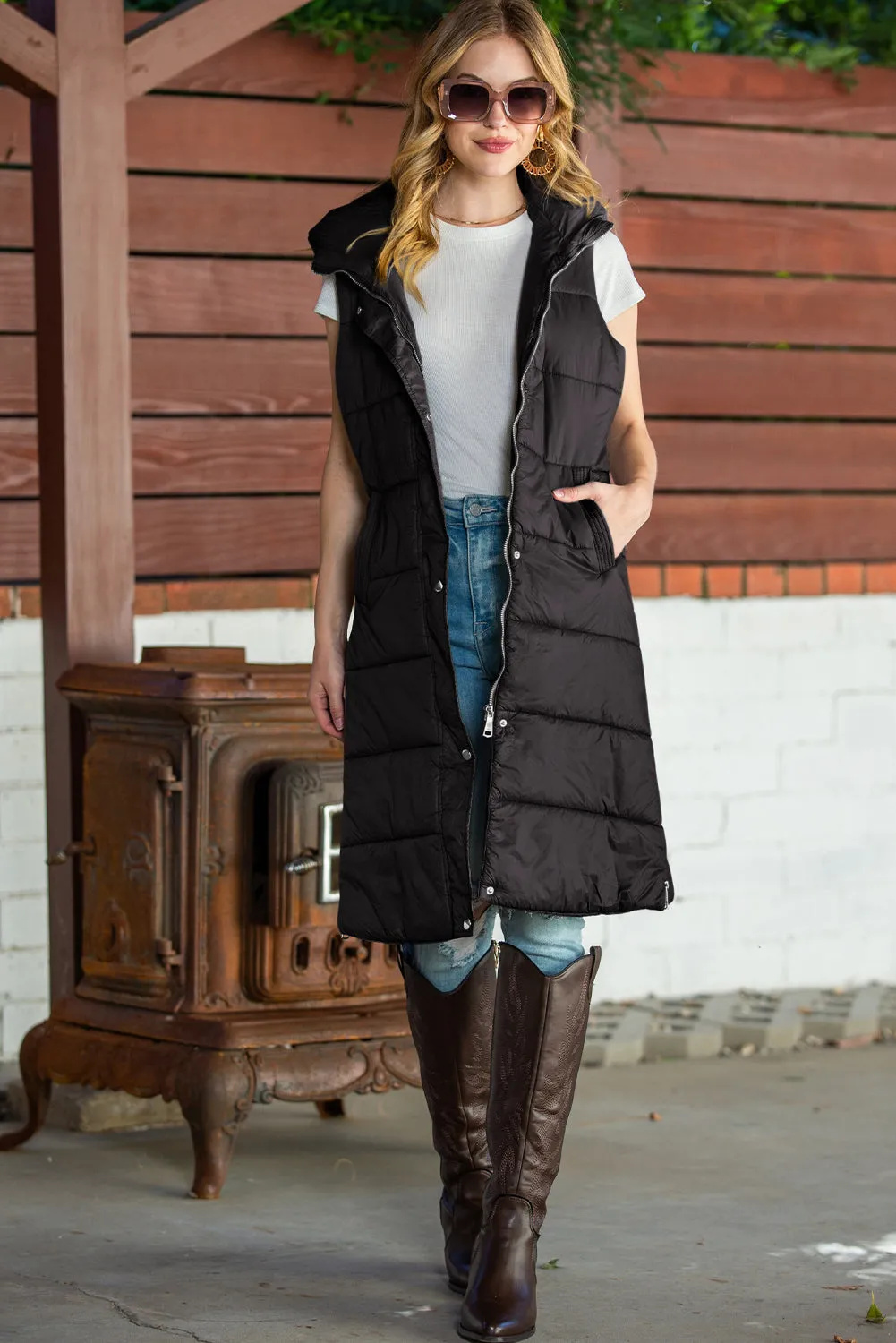 Black Hooded Pocketed Quilted Long Vest Coat