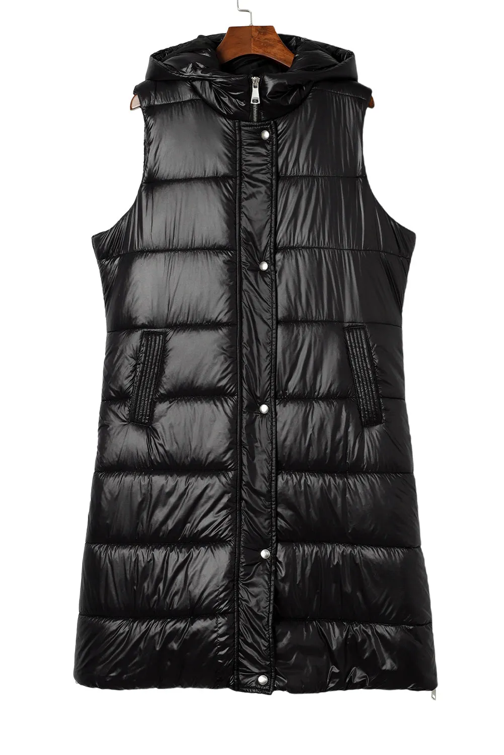 Black Hooded Pocketed Quilted Long Vest Coat