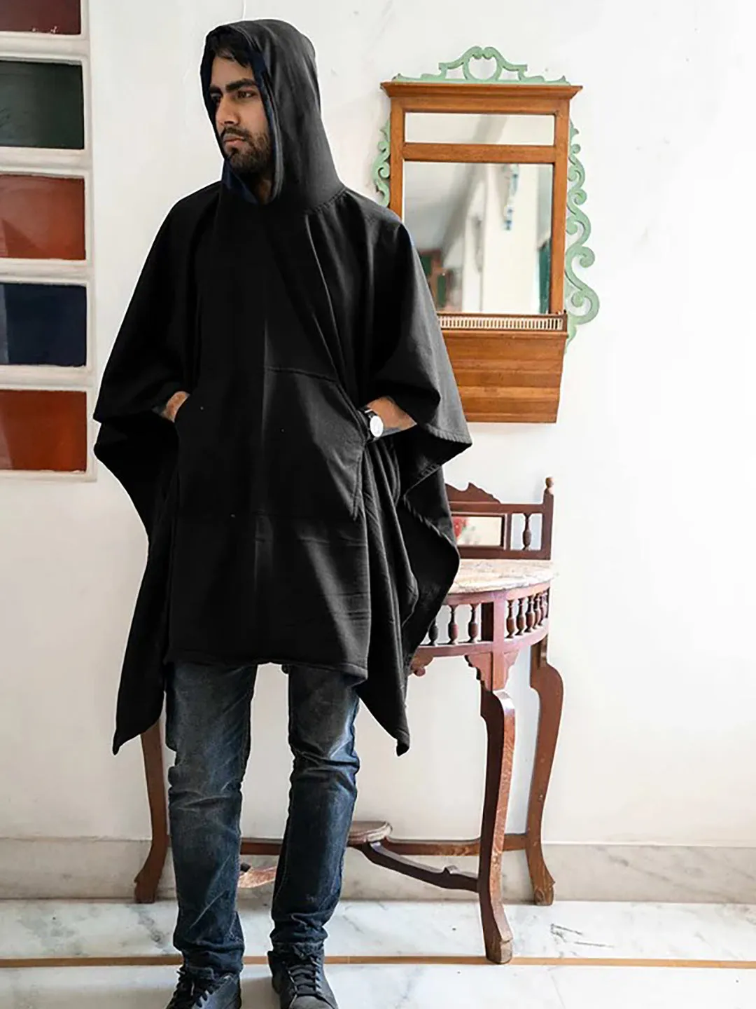 Black Poncho Hoodie - Solid (Male)