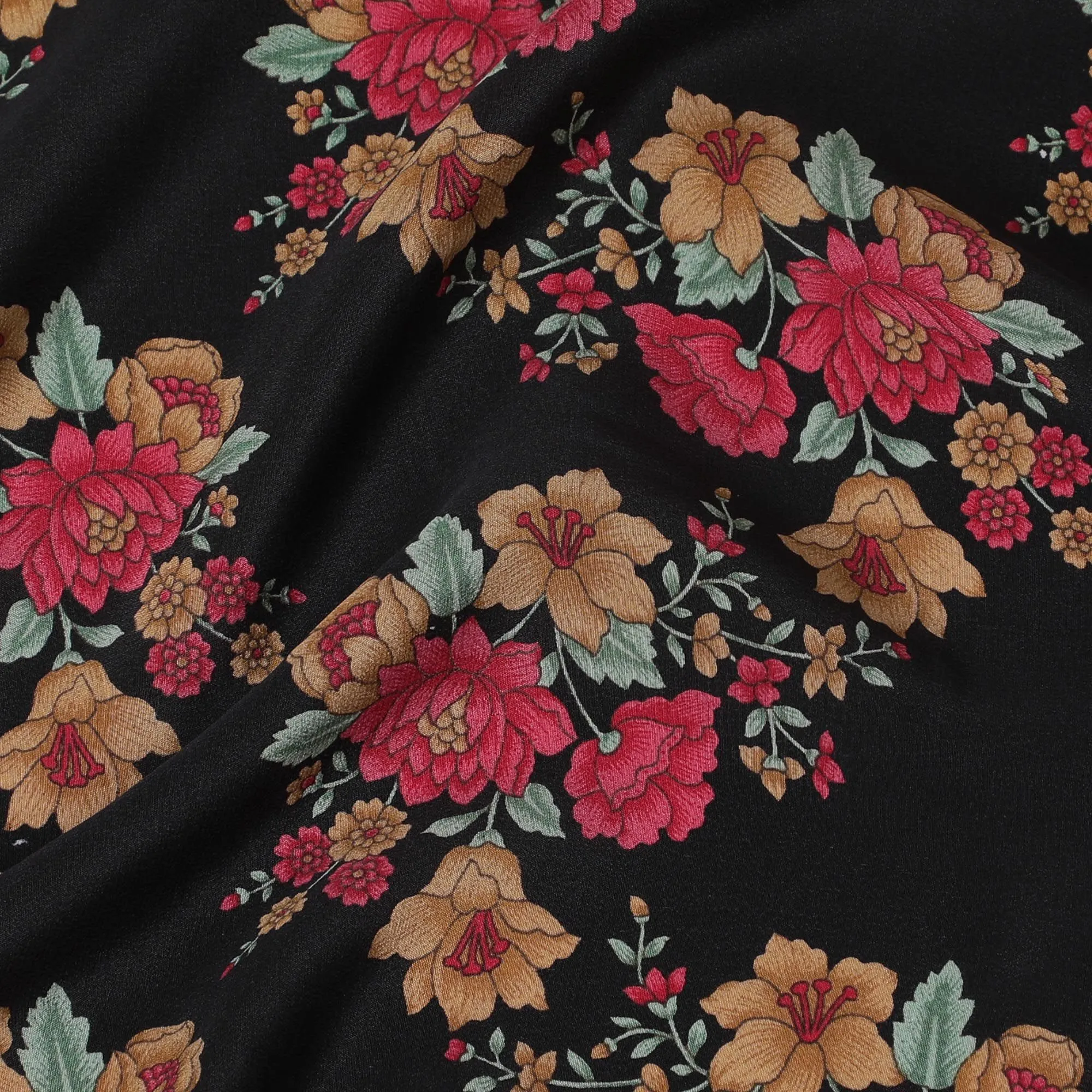 Black Premium pure silk crepe fabric with multicolor print in floral design-D16710