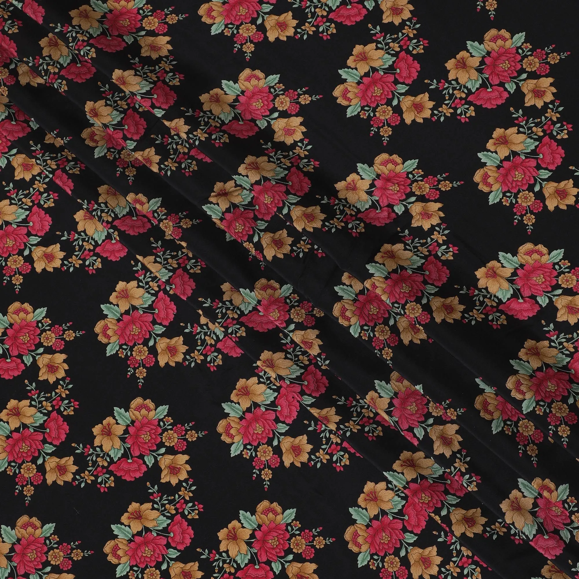 Black Premium pure silk crepe fabric with multicolor print in floral design-D16710