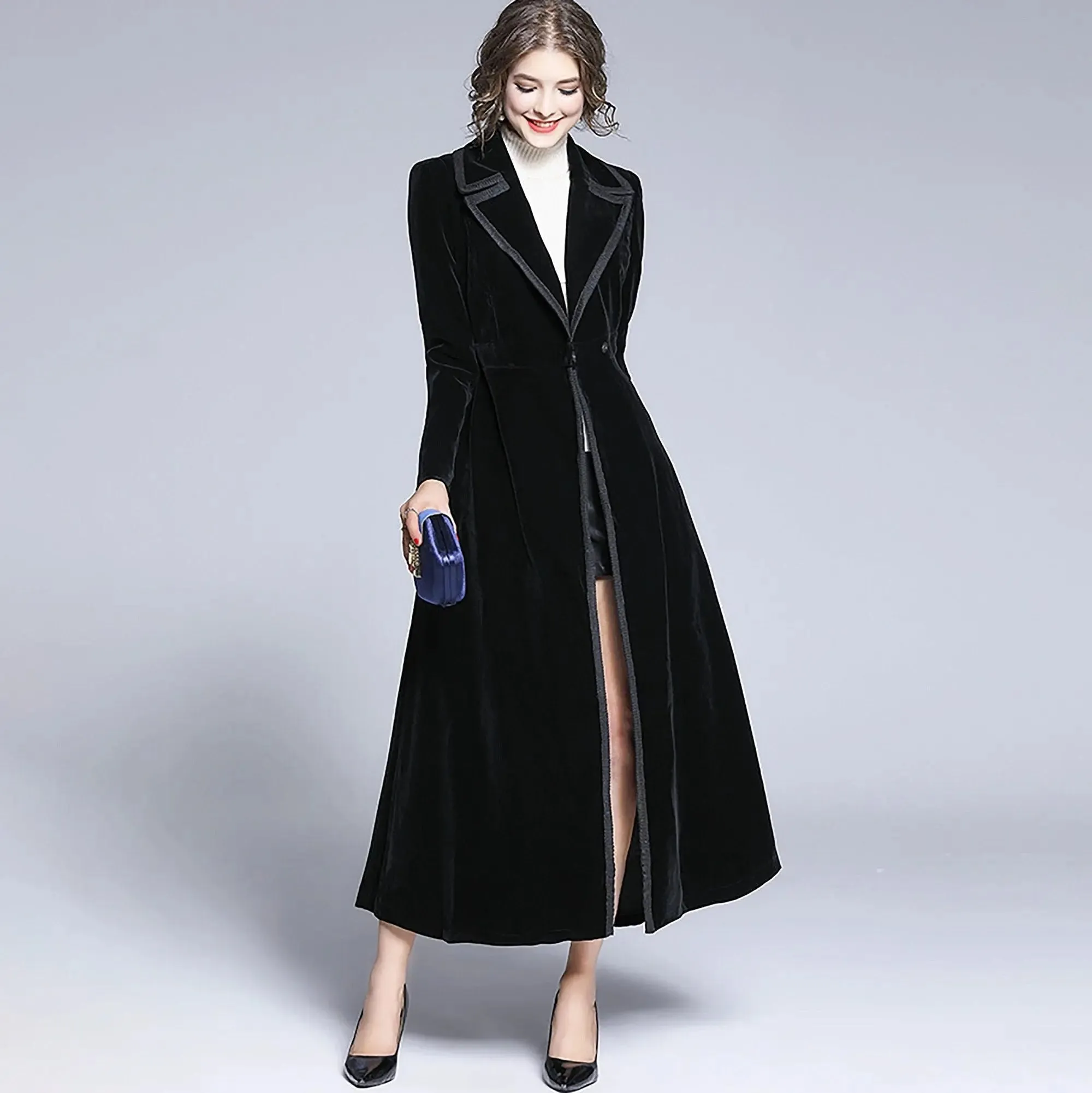 Black Velvet Fit & Flare Long Trench Coat