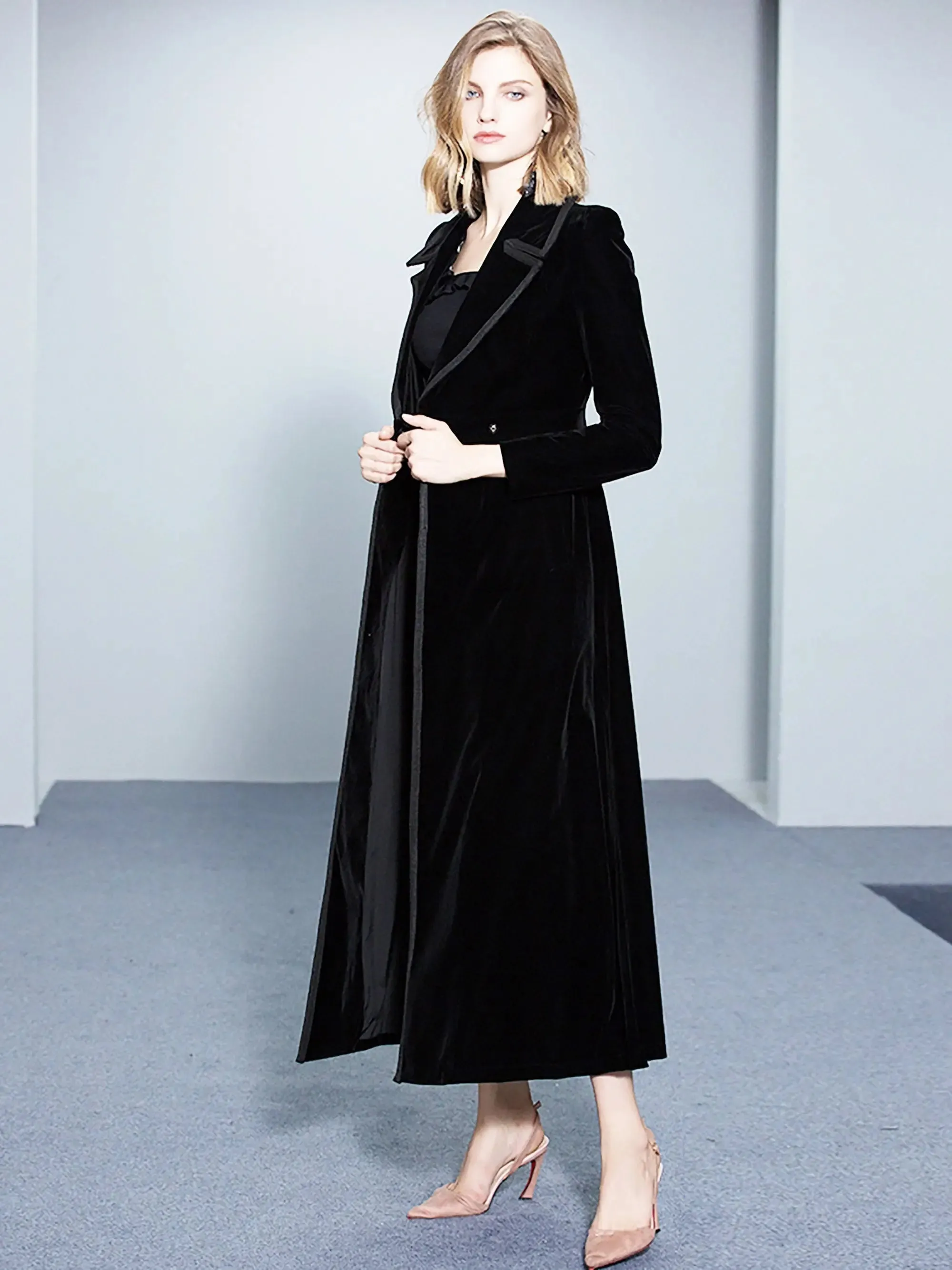 Black Velvet Fit & Flare Long Trench Coat