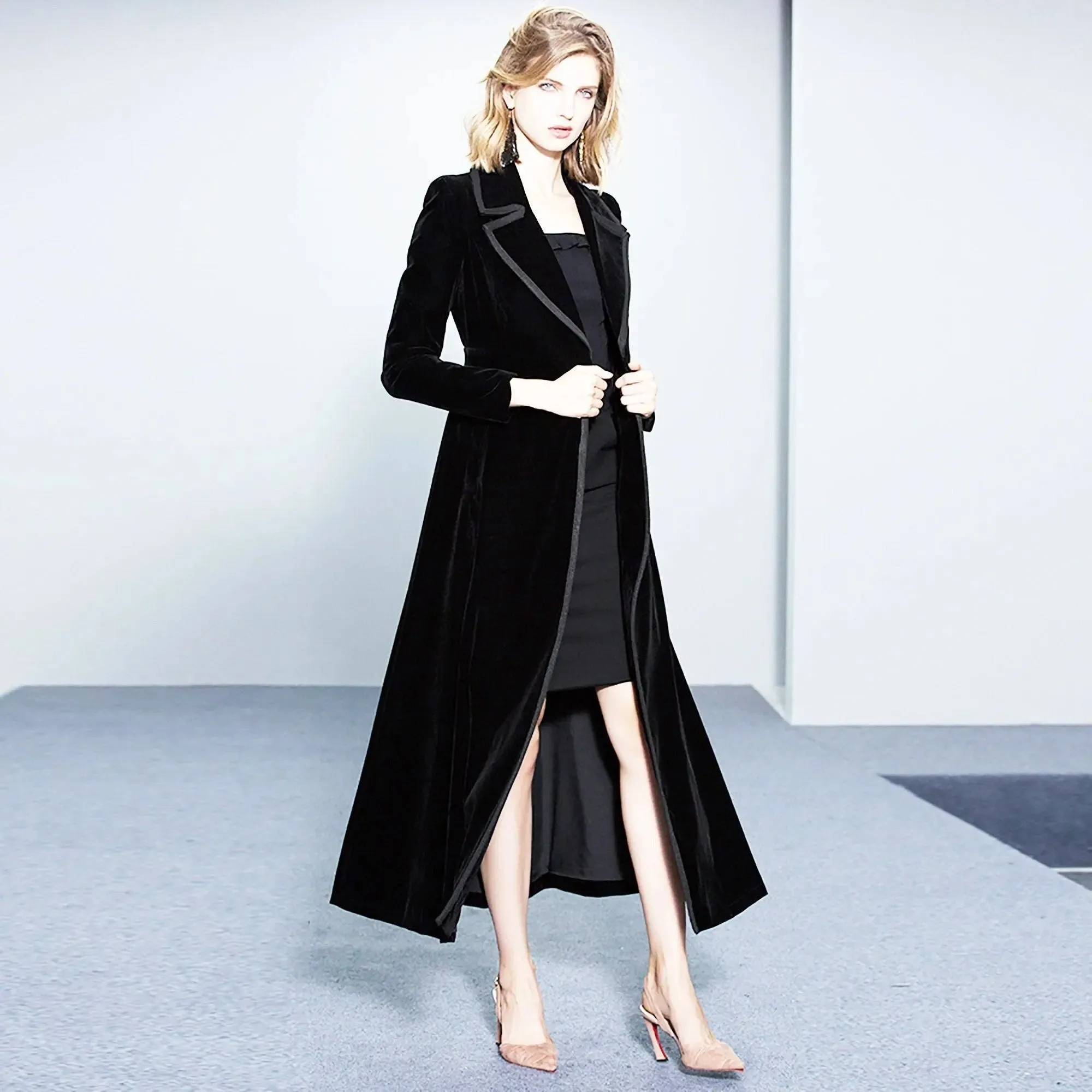 Black Velvet Fit & Flare Long Trench Coat