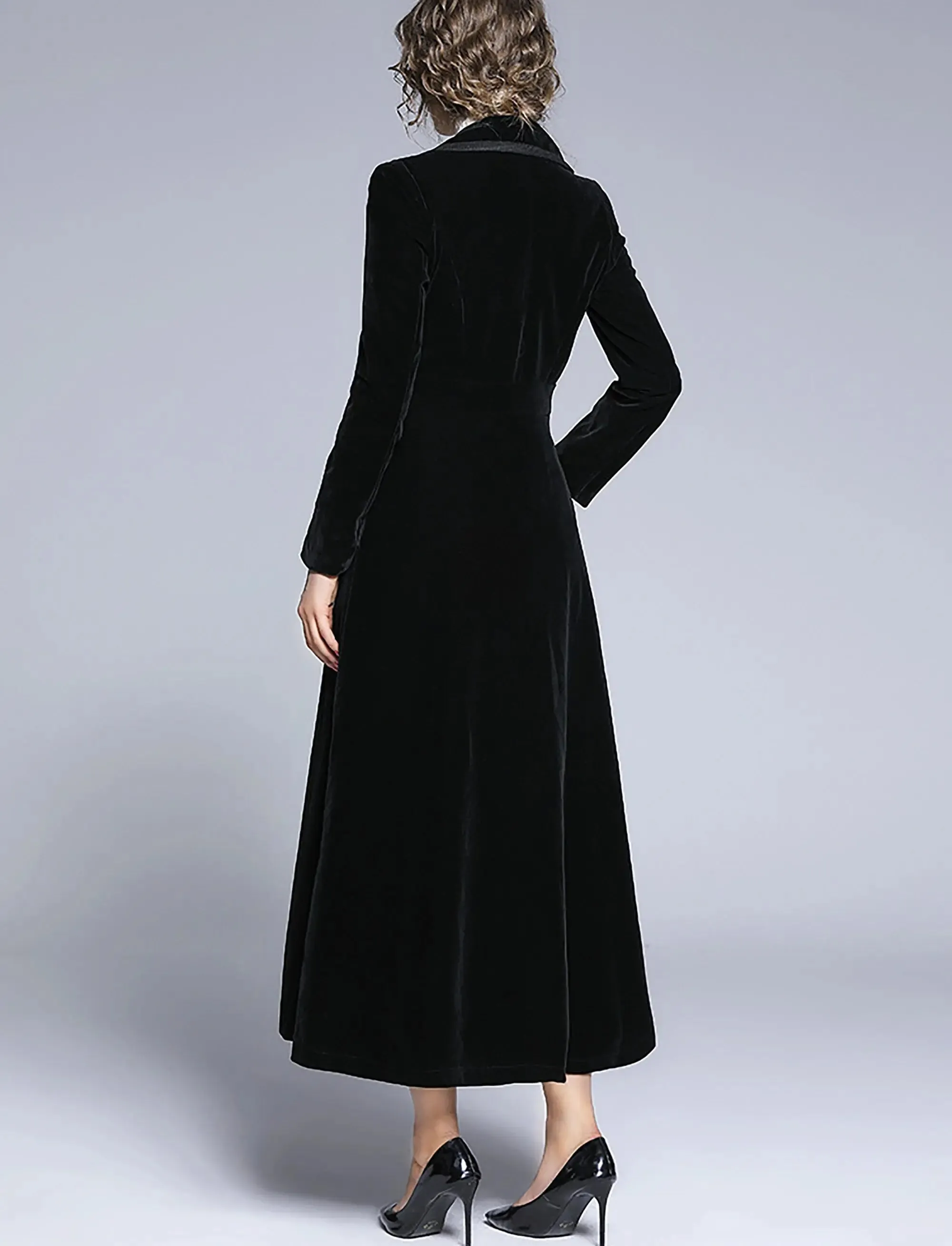 Black Velvet Fit & Flare Long Trench Coat