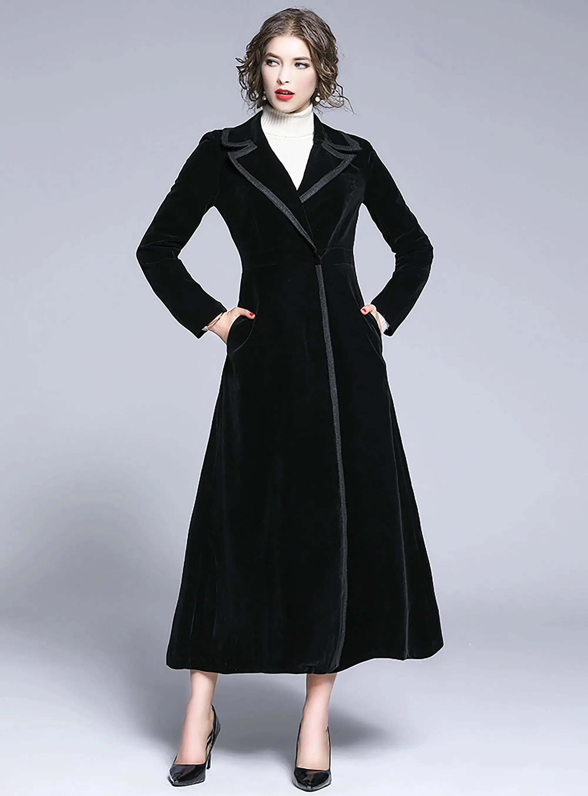 Black Velvet Fit & Flare Long Trench Coat