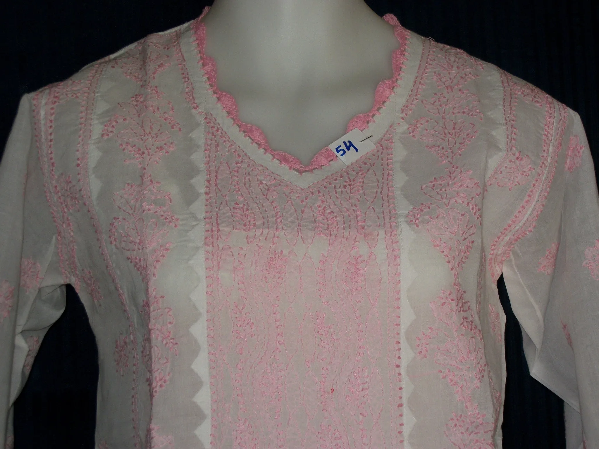 Blouse 054 Cotton White Pink Hand Embroidered Tunic Top Kurti Size Medium