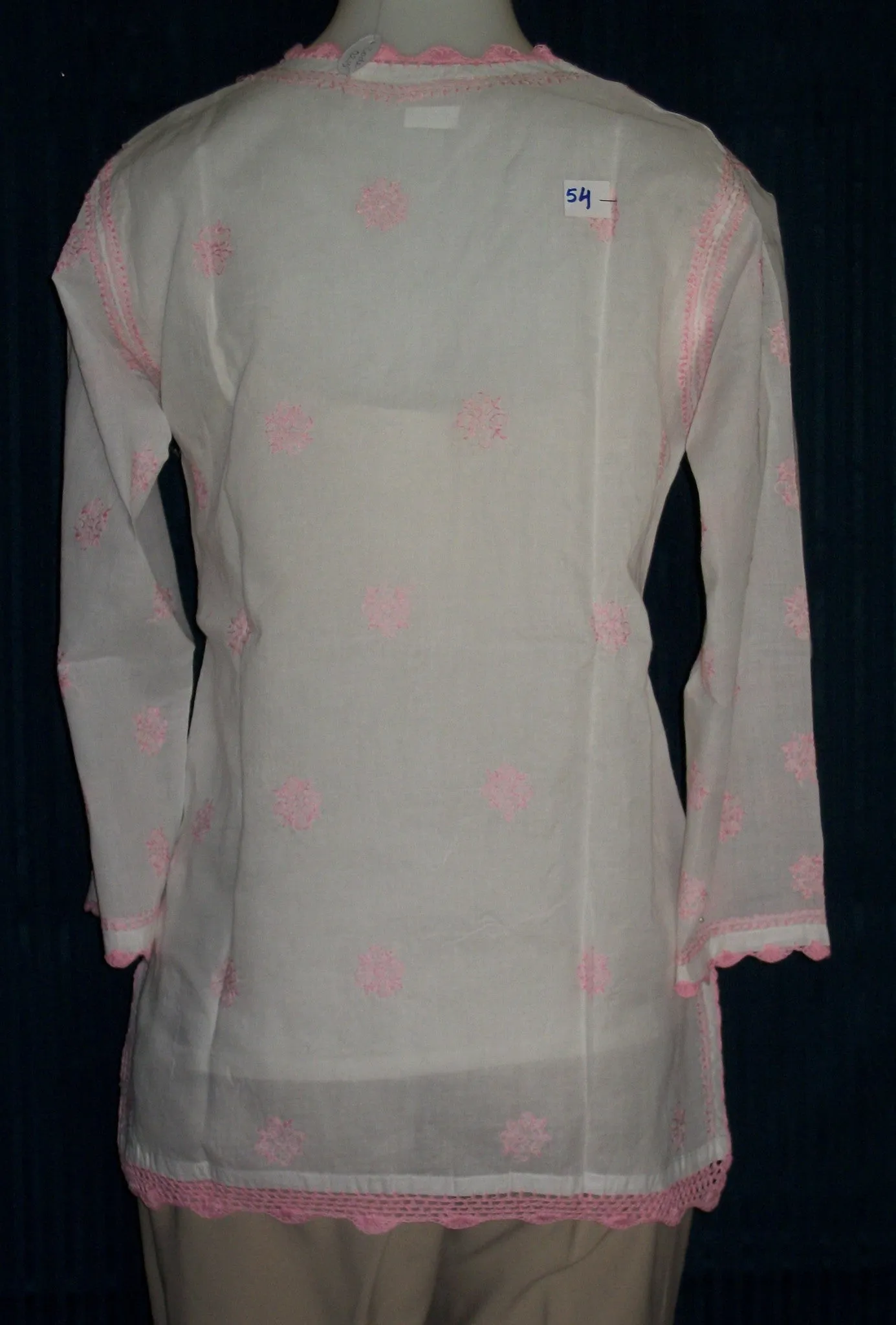 Blouse 054 Cotton White Pink Hand Embroidered Tunic Top Kurti Size Medium