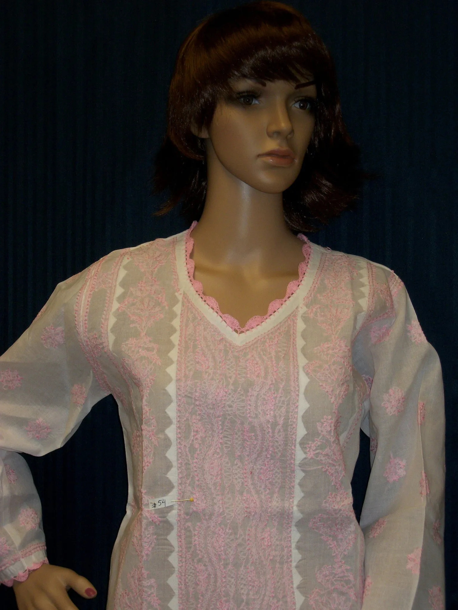 Blouse 054 Cotton White Pink Hand Embroidered Tunic Top Kurti Size Medium