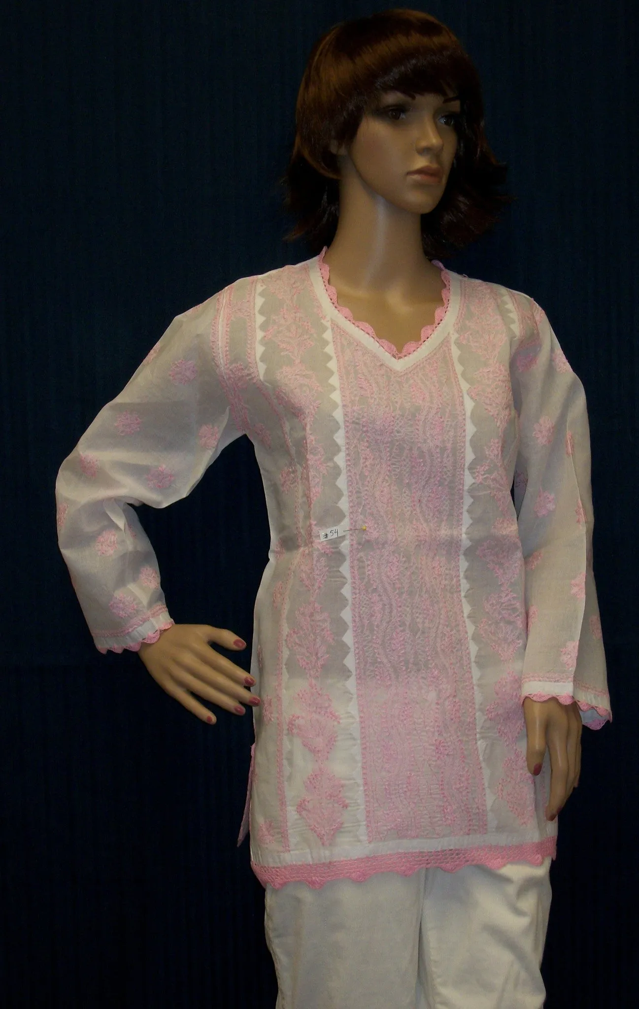 Blouse 054 Cotton White Pink Hand Embroidered Tunic Top Kurti Size Medium