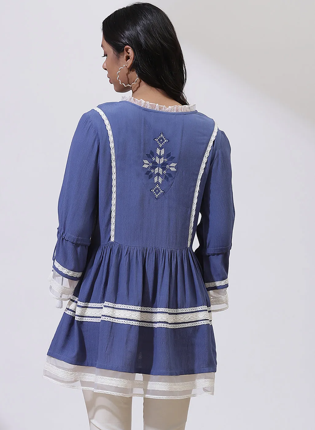 Blue Tunic With Embroidery & Lace